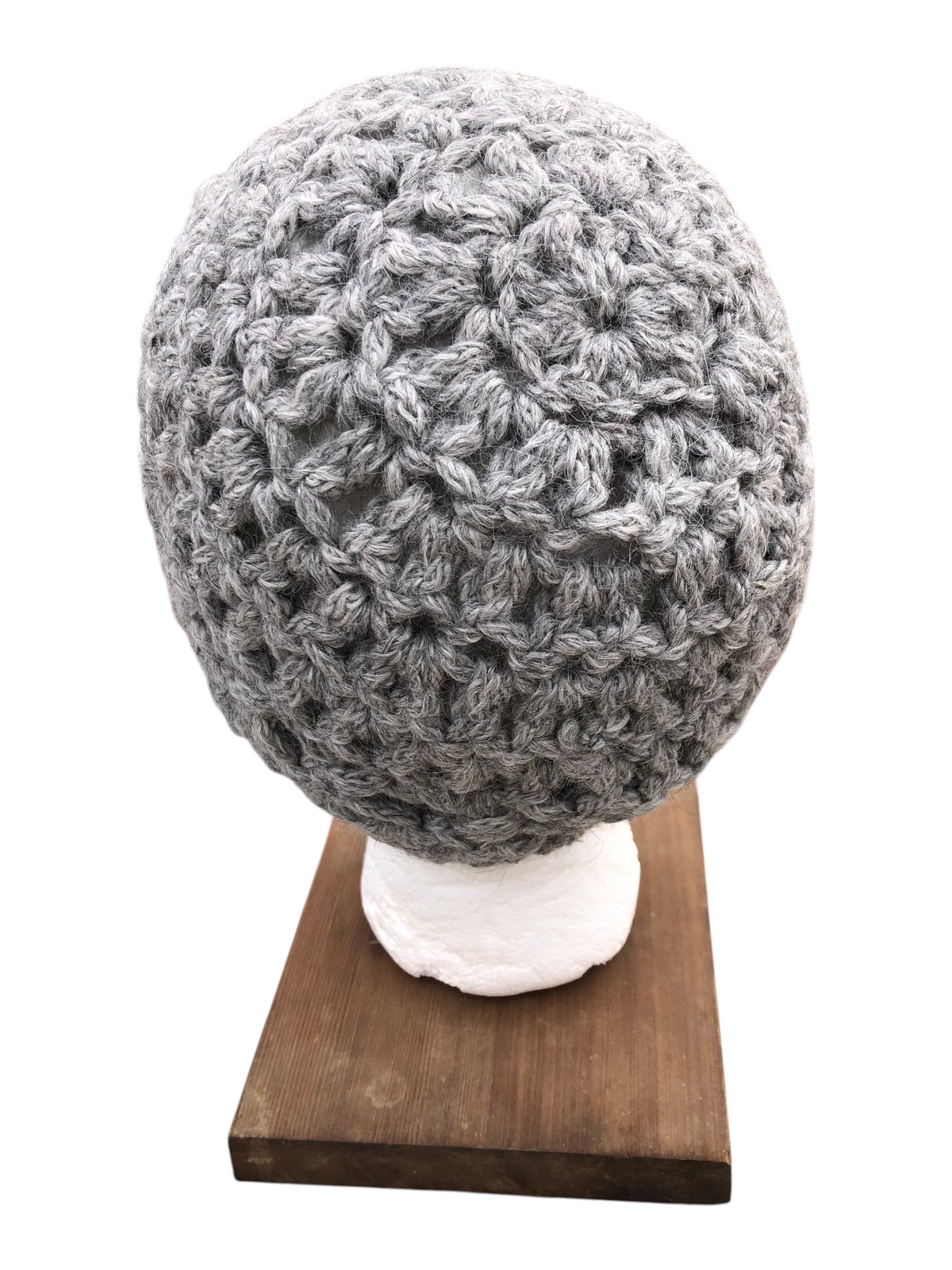 Oak Crest Alpacas and More chunky grey hand-crocheted alpaca wool hat on a display stand