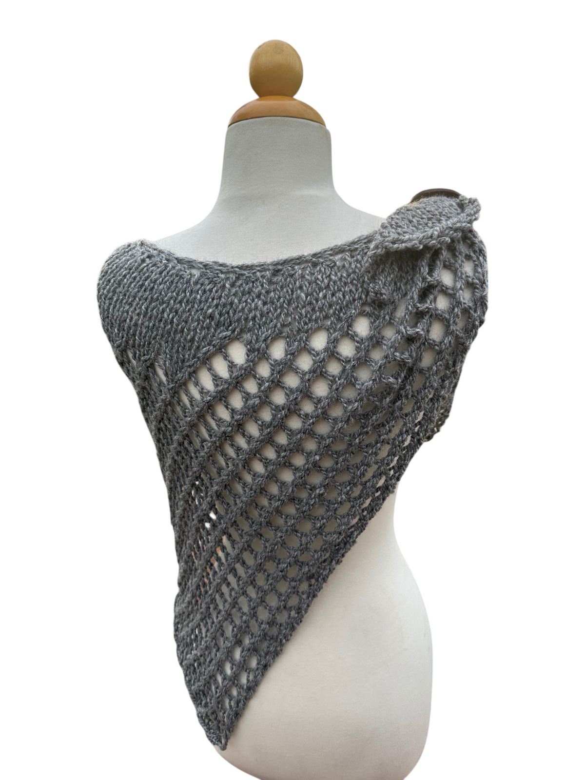 Oak Crest Alpacas and More grey hand-knit 100% alpaca shawl with open lattice design and button scarf cuff