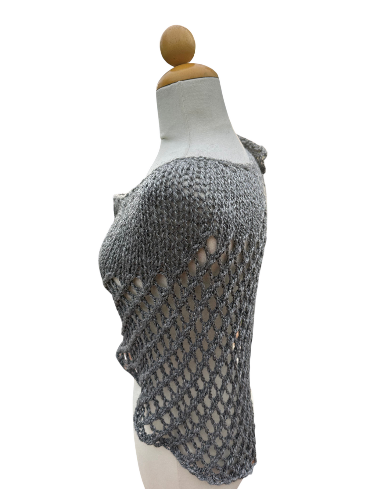 Oak Crest Alpacas and More grey hand knit 100% alpaca shawl with open lattice stitch on a mannequin
