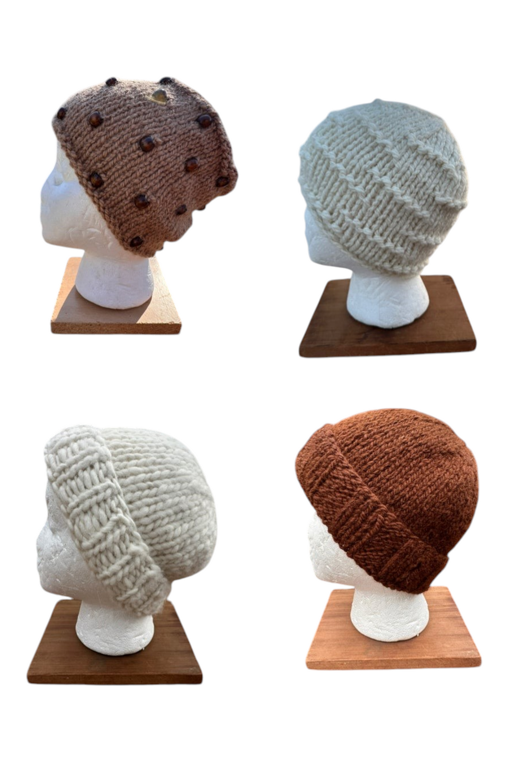 Oak Crest Alpacas and More collection of four hand-knit 100% alpaca chunky hats in white, brown, and fawn with beads.