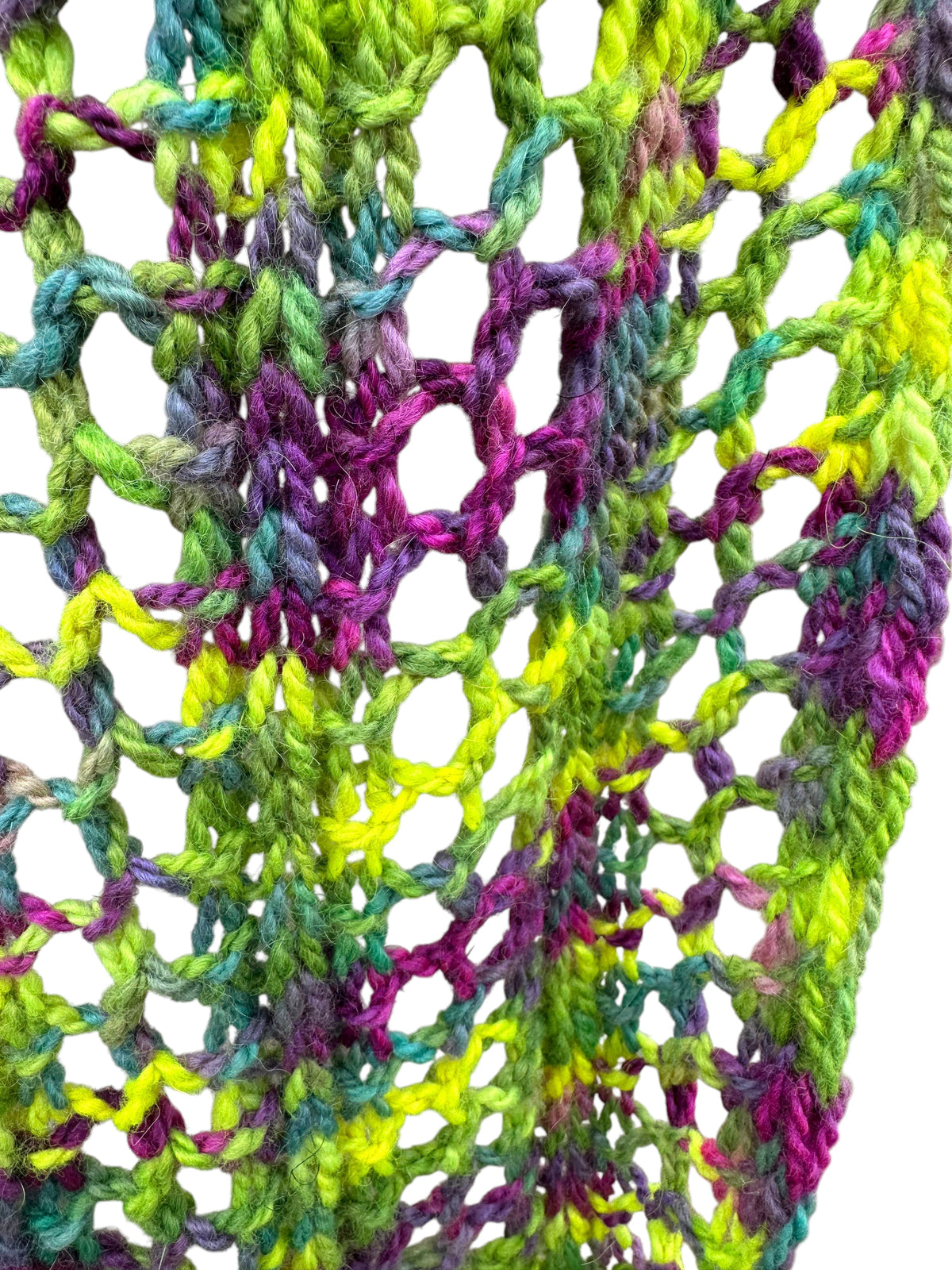 Oak Crest Alpacas and More hand knit scarf in multi-colored alpaca, wool, and sparkle nylon open weave yarn