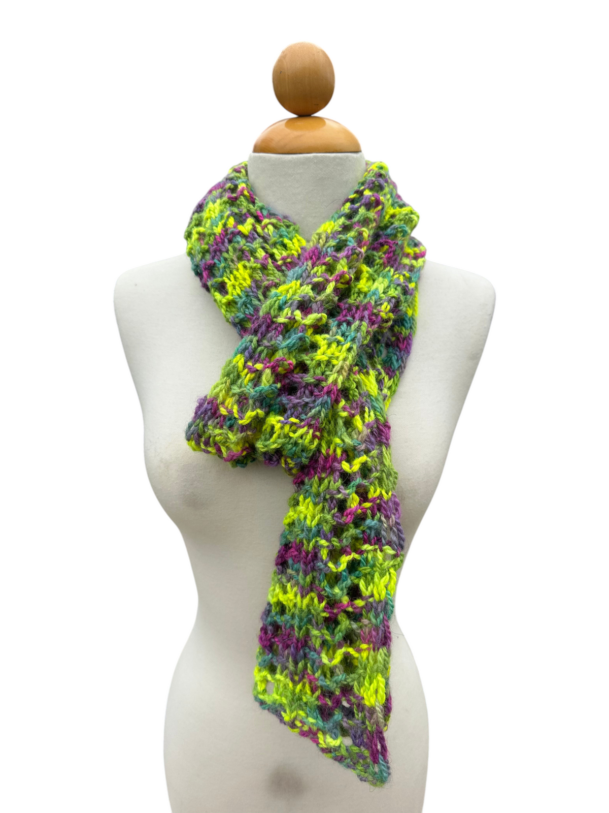 Oak Crest Alpacas and More hand knit scarf in variegated neon green, purple, and blue alpaca wool blend with sparkle