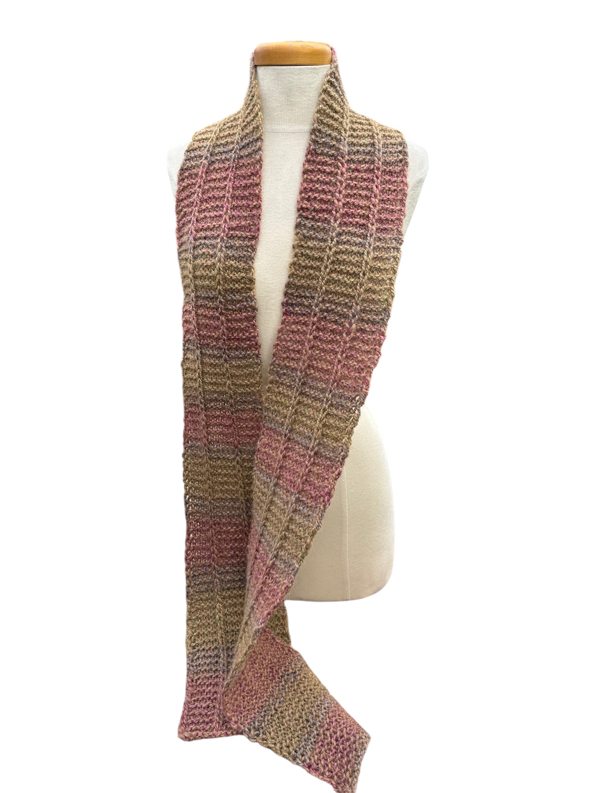 Oak Crest Alpacas and More hand knit alpaca and wool scarf in variegated earth tones on a mannequin