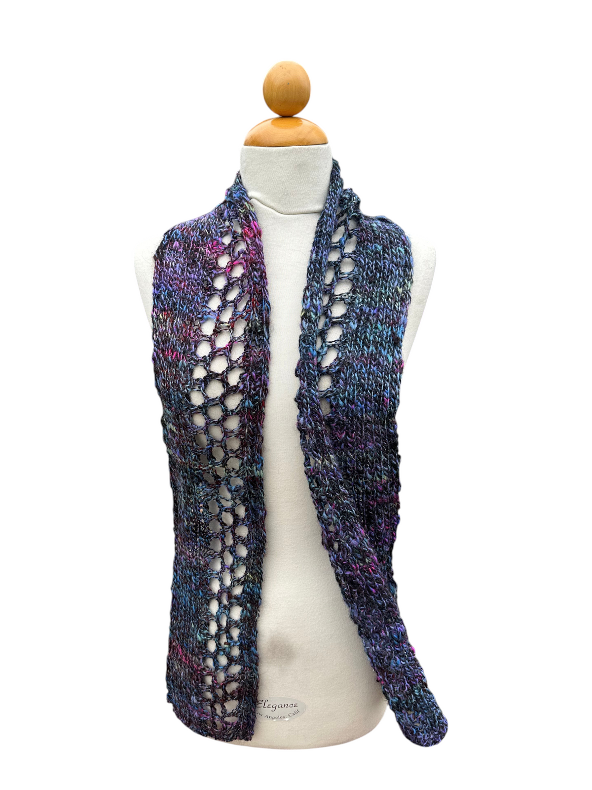 Oak Crest Alpacas and More hand knit alpaca and wool scarf in a variegated blue and purple openwork pattern.