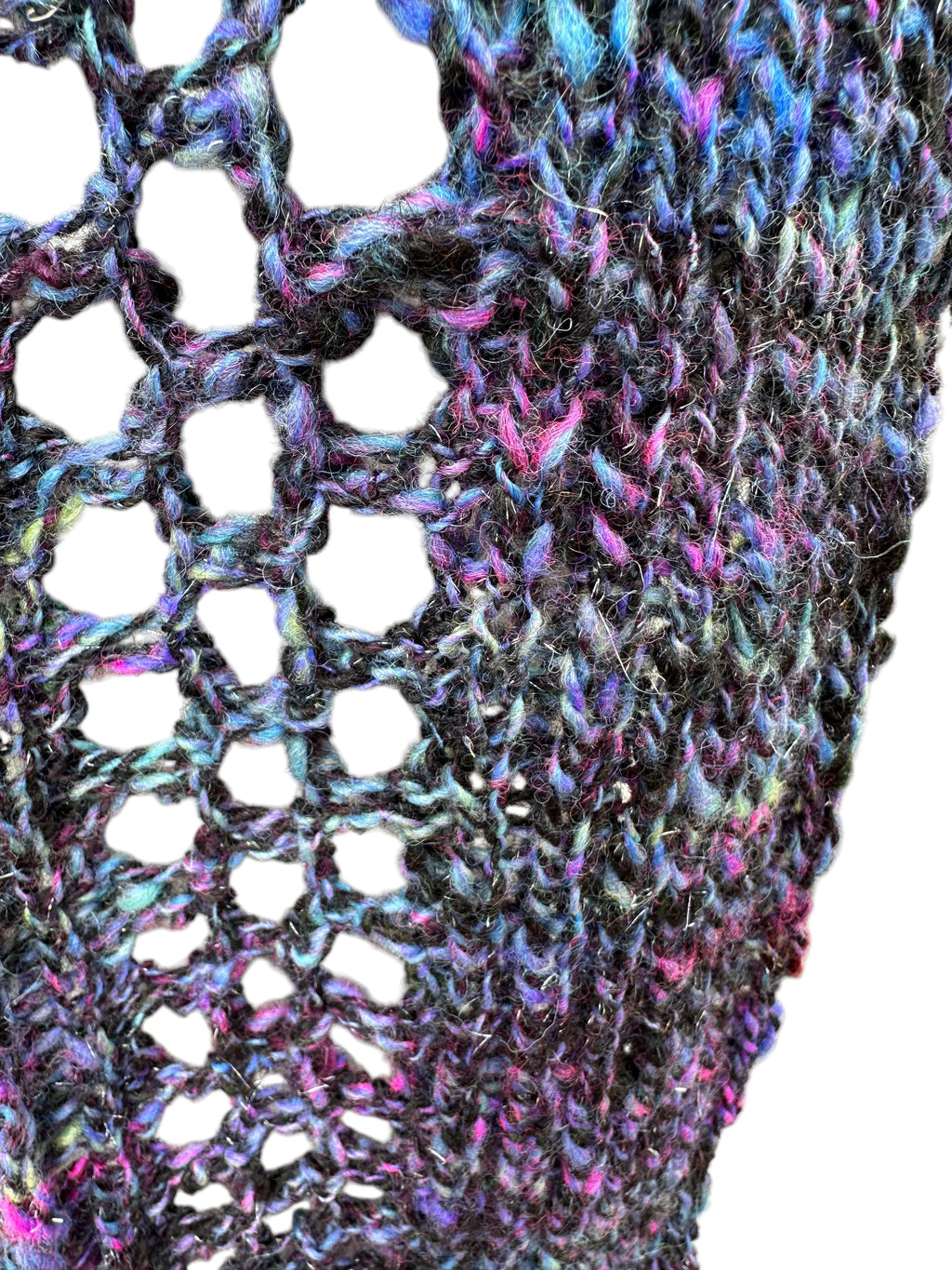 Oak Crest Alpacas and More hand knit alpaca and wool scarf featuring a multi-colored open weave pattern