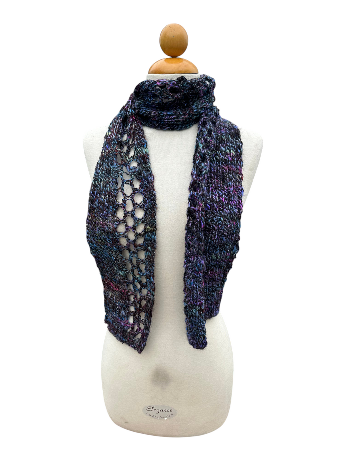 Oak Crest Alpacas and More hand knit alpaca and wool scarf in variegated dark purple and blue with openwork detail