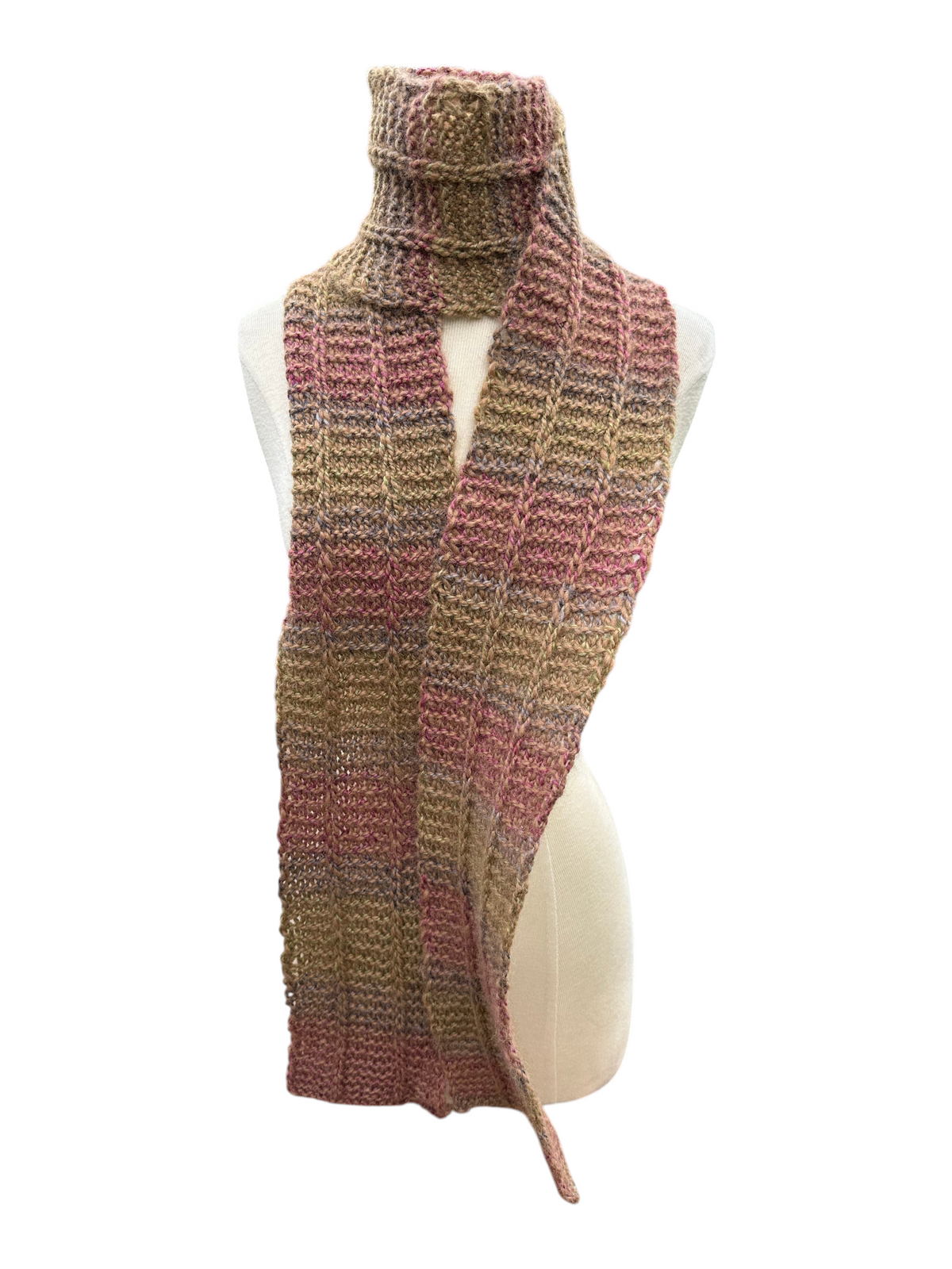 Oak Crest Alpacas and More hand knit scarf in variegated pink and brown alpaca and wool yarn on a mannequin