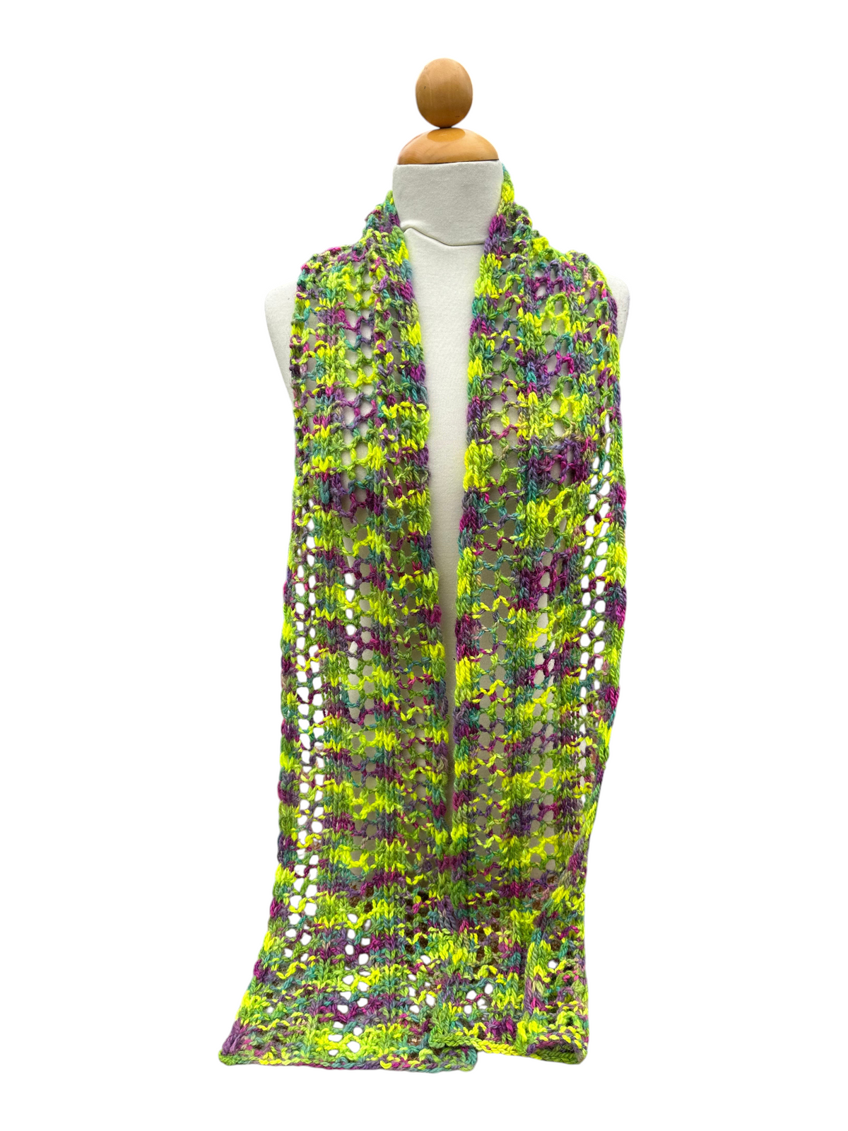 Oak Crest Alpacas and More hand knit alpaca blend scarf in vibrant lime green and purple with a sparkling finish.