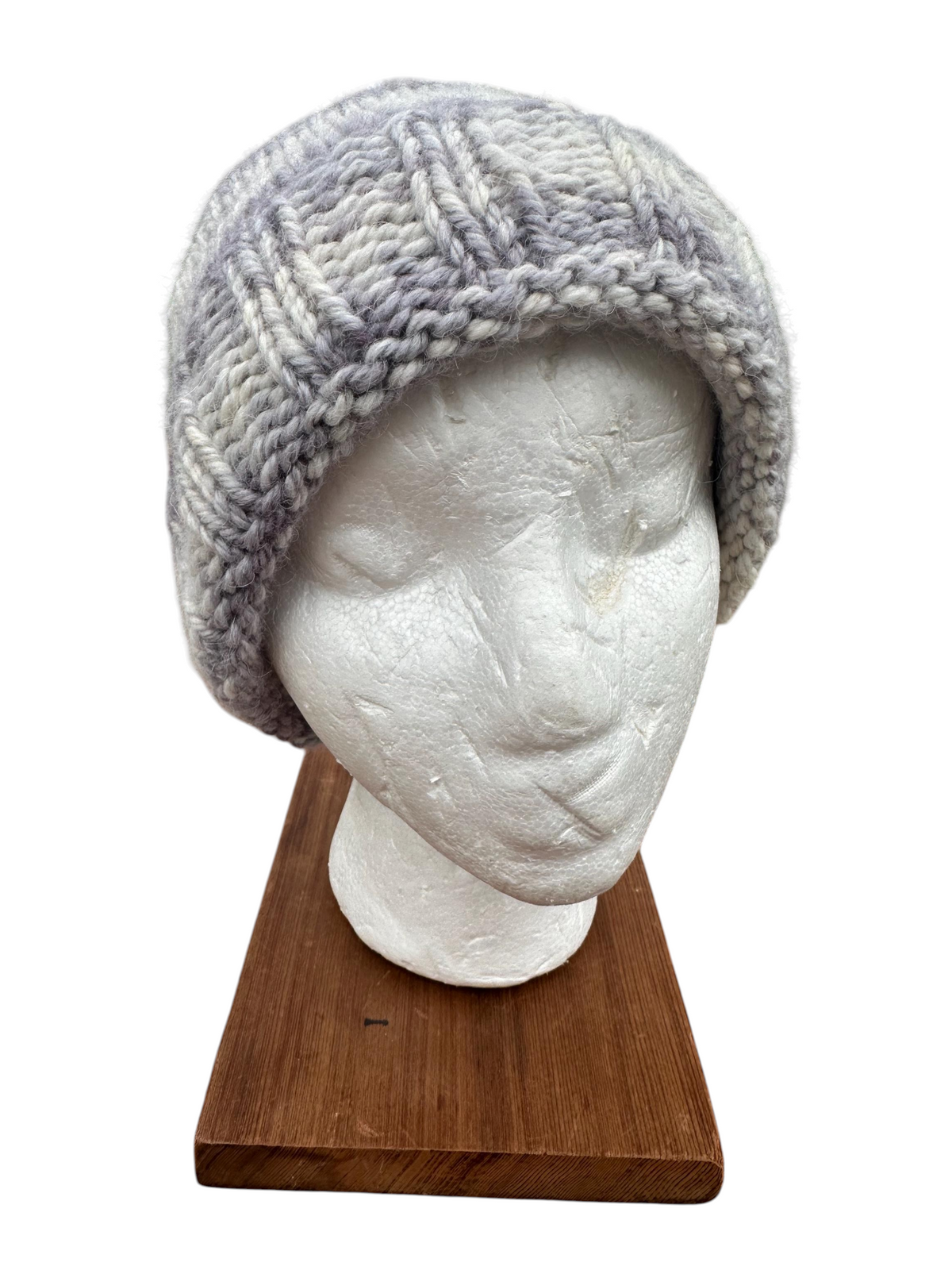 Oak Crest Alpacas and More hand knit lavender and gray alpaca wool beanie with a folded brim on a mannequin head