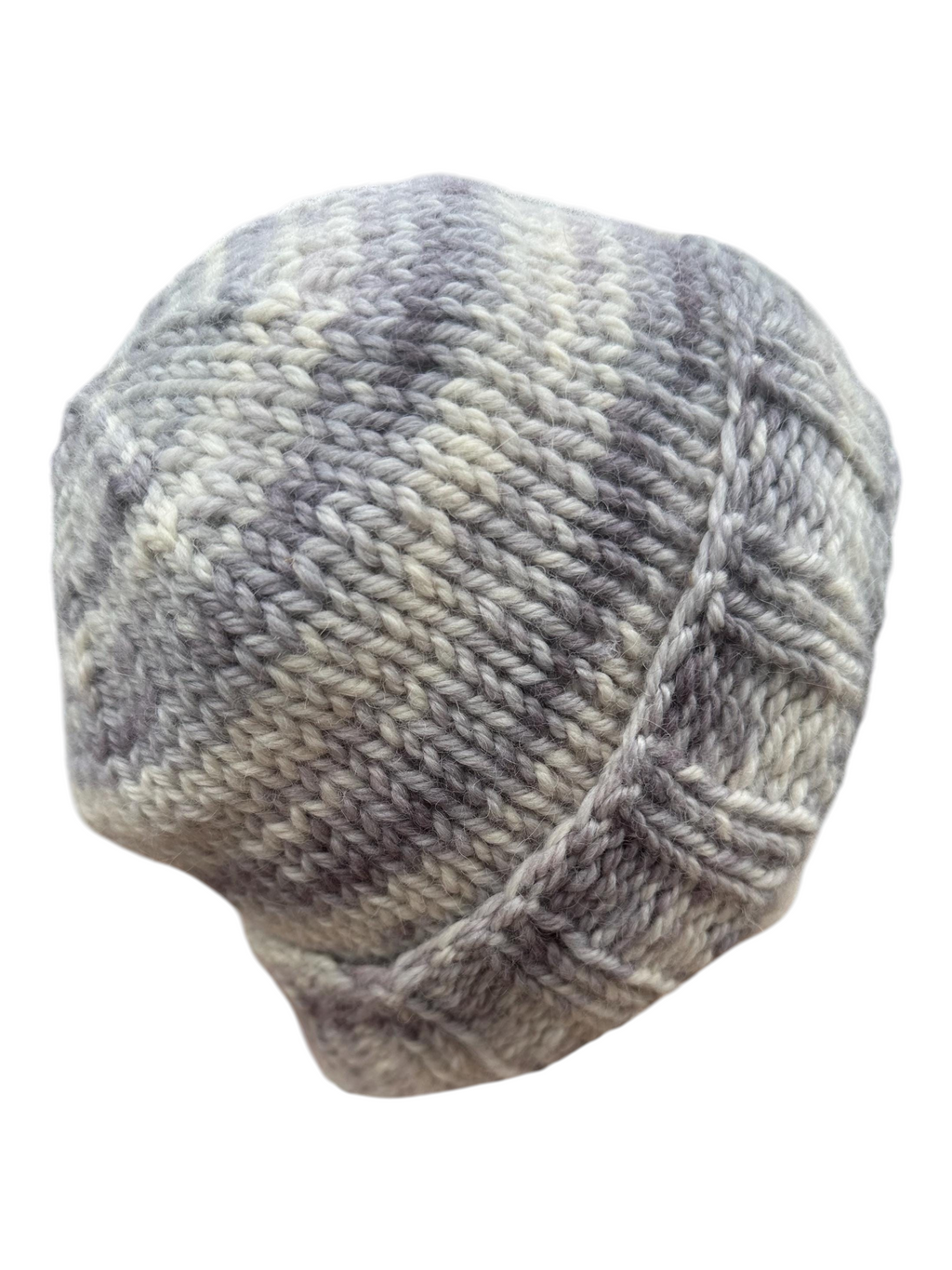 Oak Crest Alpacas and More hand knit lavender and gray alpaca and merino wool slouch hat with a folded brim