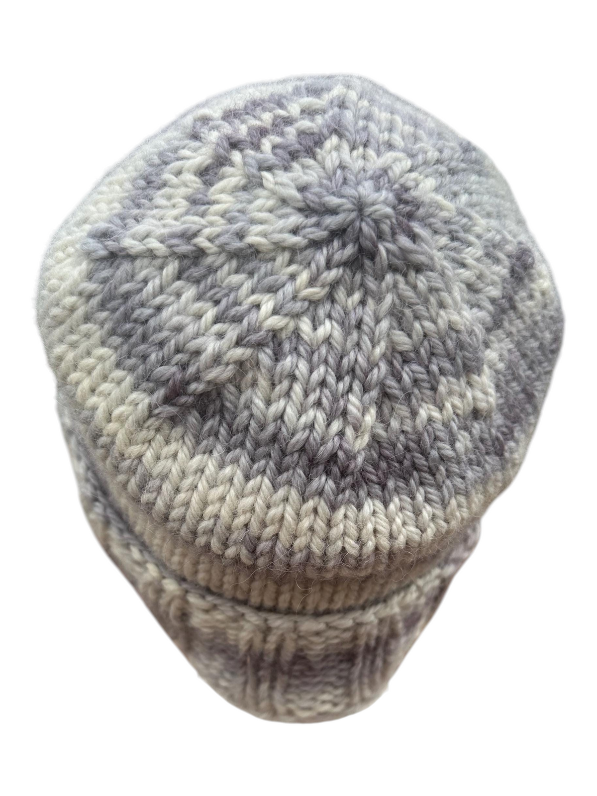 Oak Crest Alpacas and More hand knit lavender and gray alpaca and merino wool slouch hat viewed from above