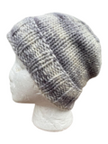 Oak Crest Alpacas and More hand knit lavender and gray alpaca merino wool slouchy beanie on a mannequin head