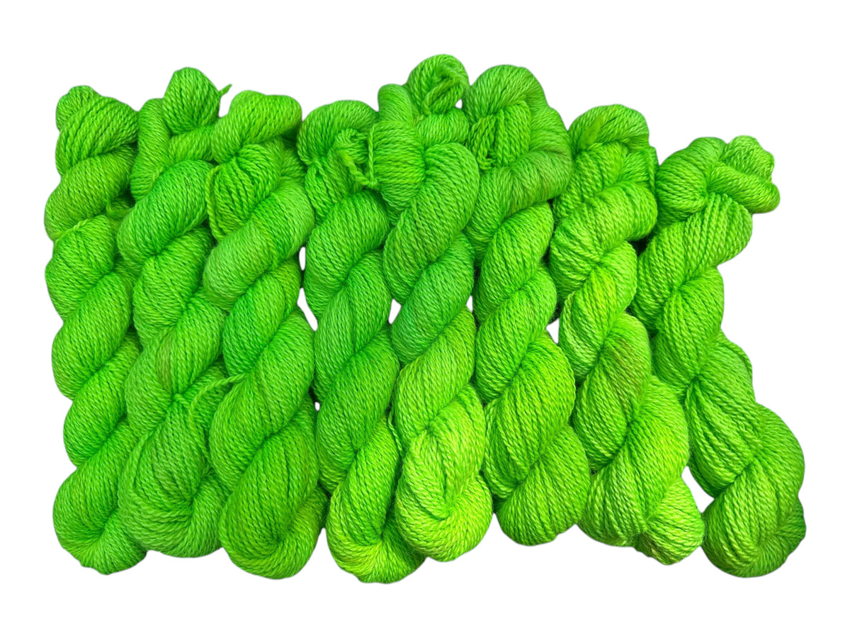 Oak Crest Alpacas and More hand dyed bright lime green 100% alpaca worsted weight yarn skeins