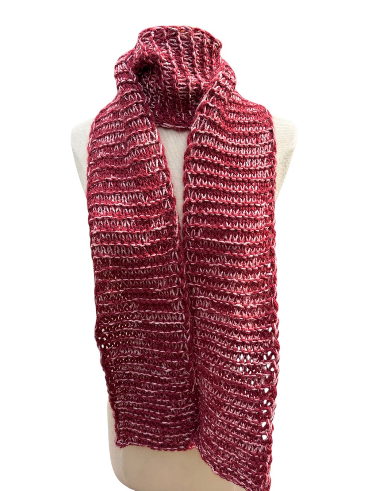 Oak Crest Alpacas and More hand knit marled red and white alpaca blend scarf on a mannequin