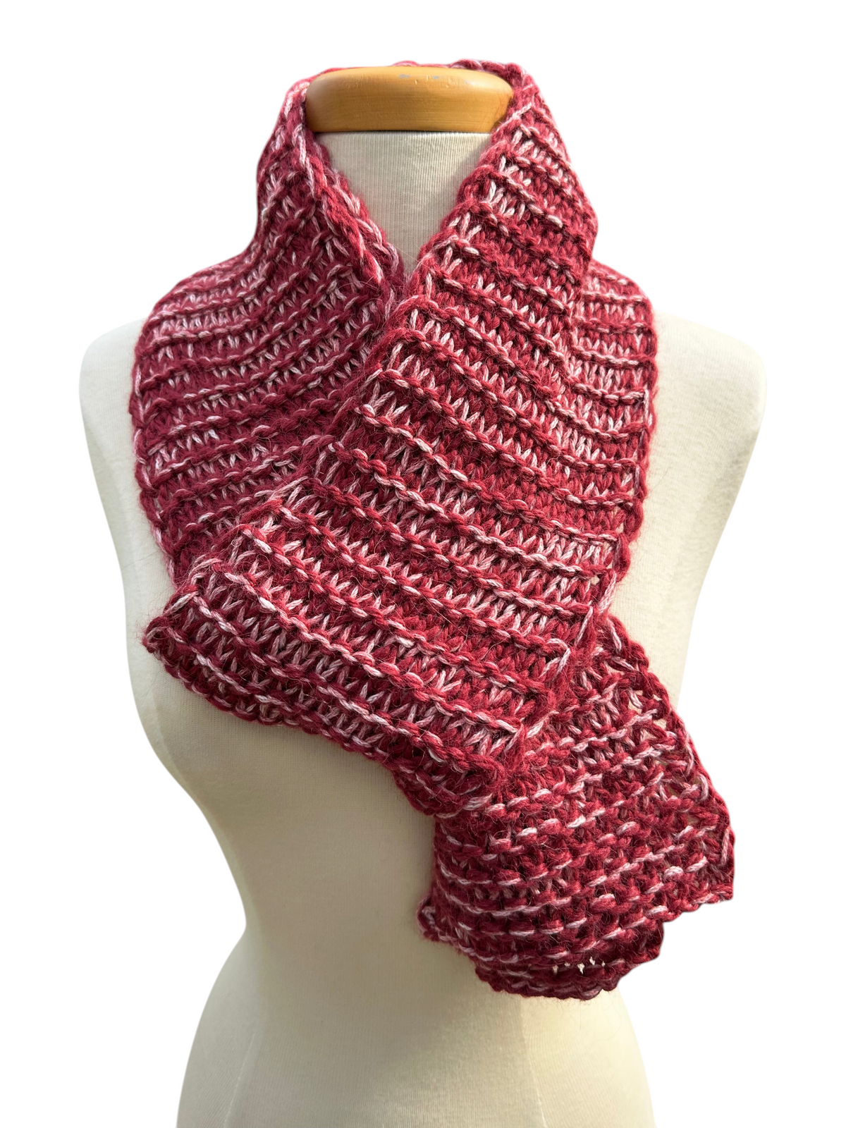 Oak Crest Alpacas and More hand knit marled red and white alpaca cotton blend scarf on a mannequin