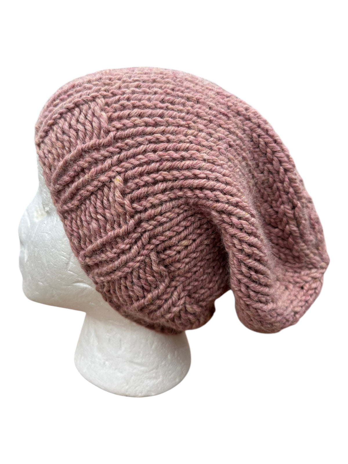 Oak Crest Alpacas and More mauve hand-knit chunky alpaca wool slouchy beanie hat on a mannequin head