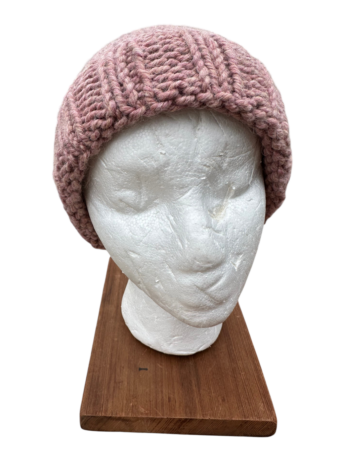 Oak Crest Alpacas and More mauve hand-knit chunky alpaca wool beanie styled on a white mannequin head