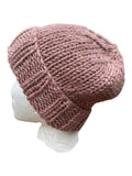 Oak Crest Alpacas and More mauve hand-knit chunky alpaca wool beanie with a foldable brim on a mannequin head