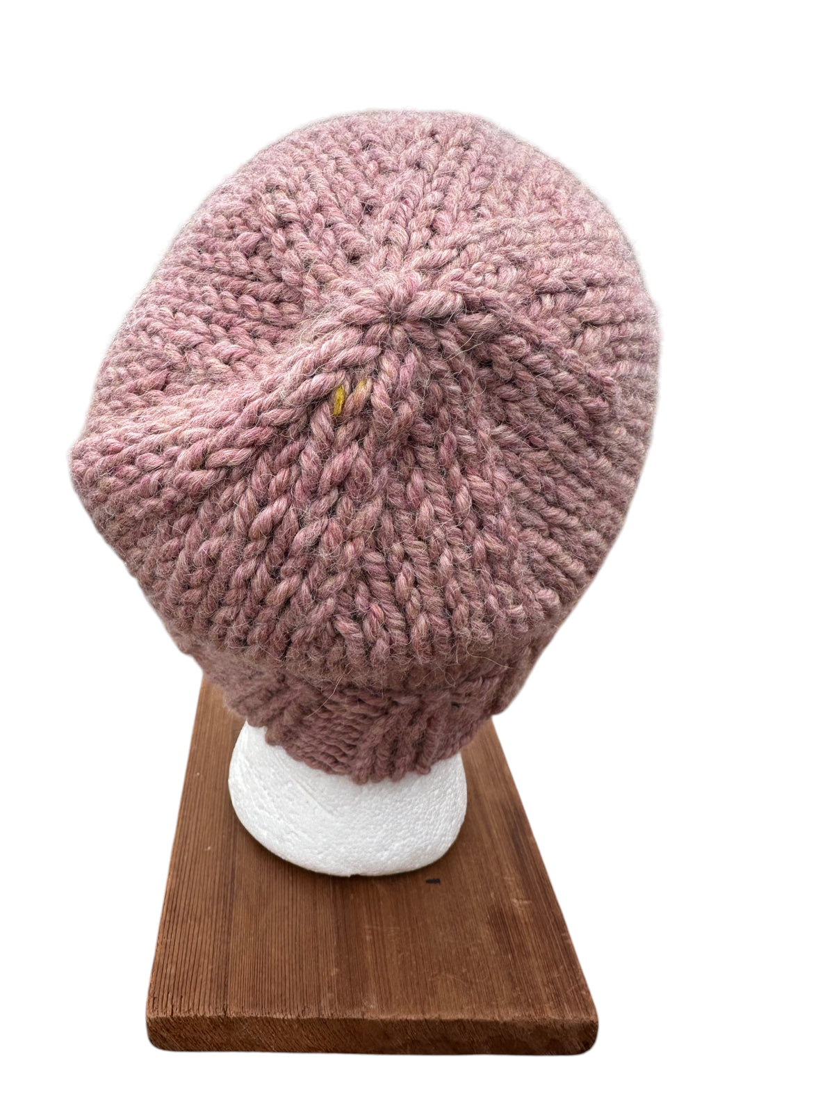 Oak Crest Alpacas and More mauve hand-knit chunky alpaca wool winter beanie on a display stand