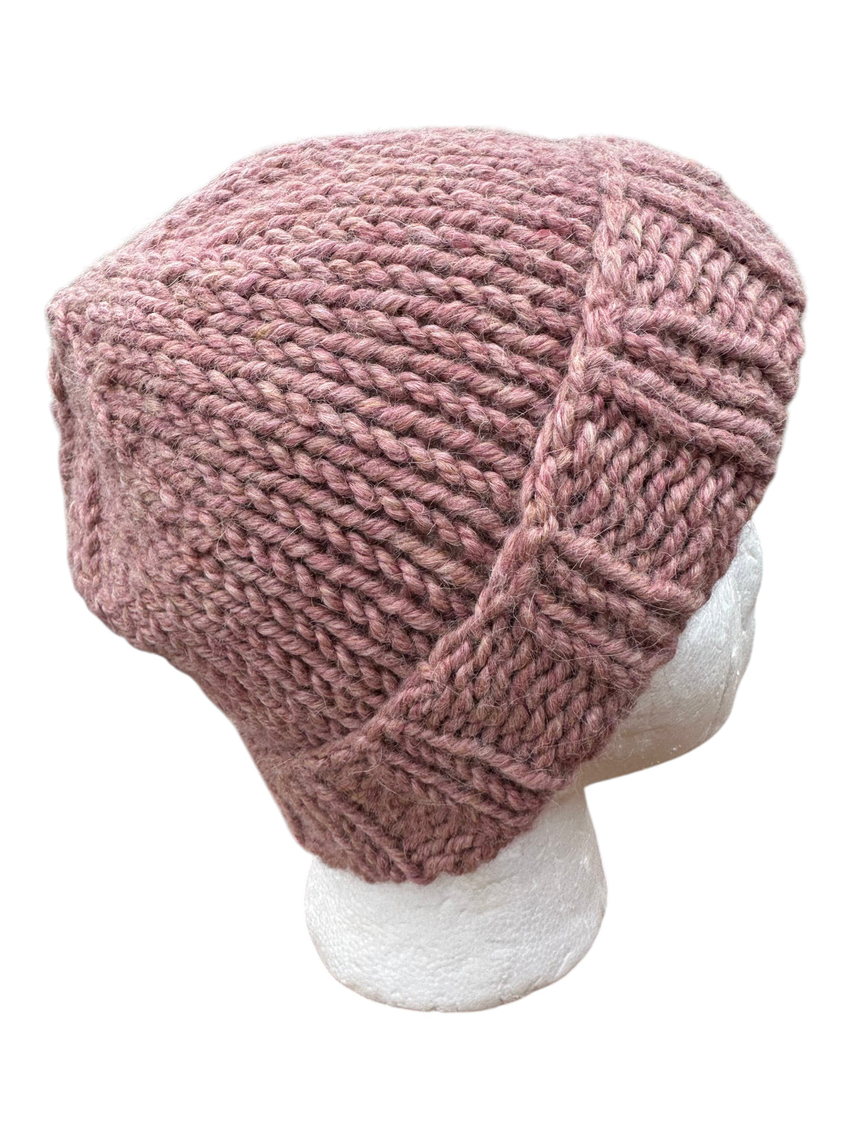 Oak Crest Alpacas and More mauve hand-knit chunky alpaca wool beanie with a foldable brim on a mannequin head