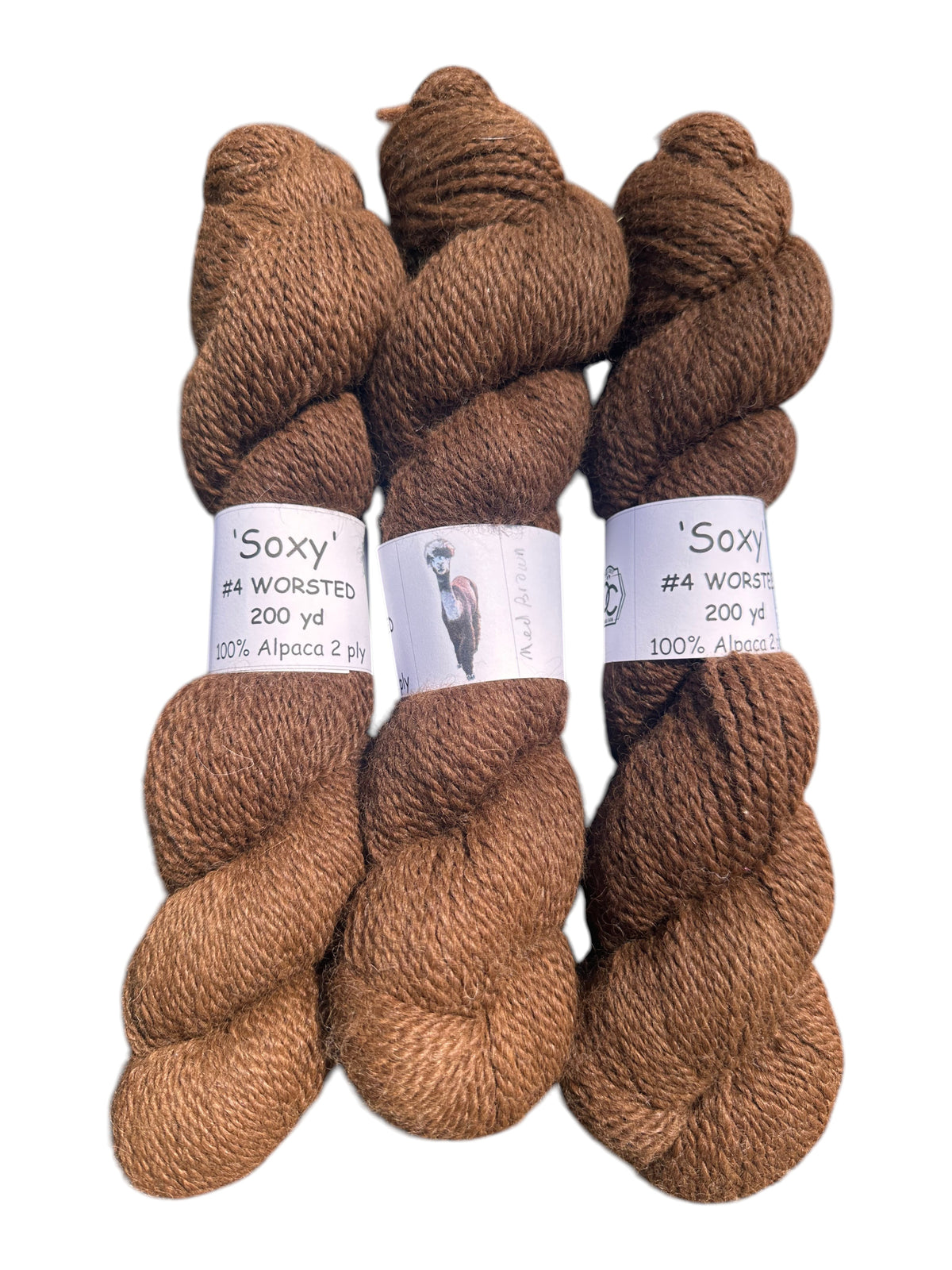 Oak Crest Alpacas and More Soxy medium brown 100% alpaca worsted 2-ply yarn skeins