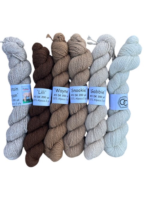 Oak Crest Alpacas and More natural 2-ply DK alpaca yarn skeins in assorted fawn, brown, and rose gray colors.