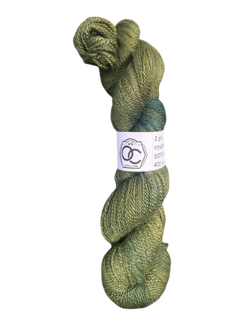 Oak Crest Alpacas and More hand-dyed olive green 100% alpaca fingering weight yarn skein with label