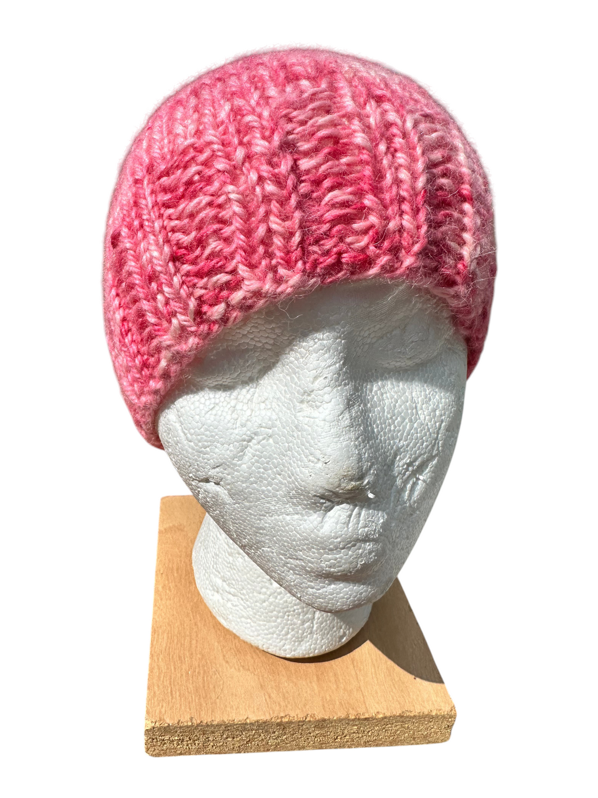 Oak Crest Alpacas and More hand-knit chunky pink alpaca wool winter hat on a white mannequin head