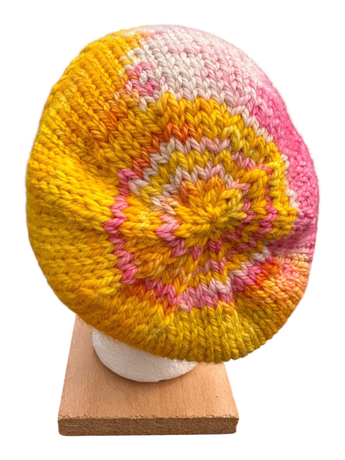 Oak Crest Alpacas and More hand knit slouchy beanie in pink and yellow alpaca wool blend yarn
