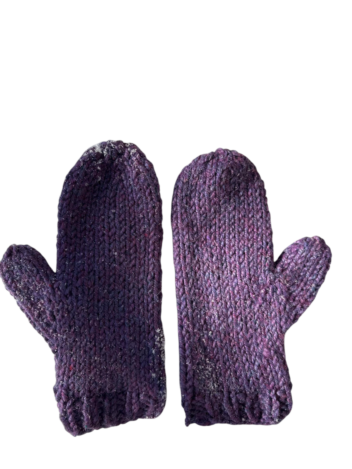 Oak Crest Alpacas and More purple hand-knit 100% alpaca wool mittens resting on fresh snow
