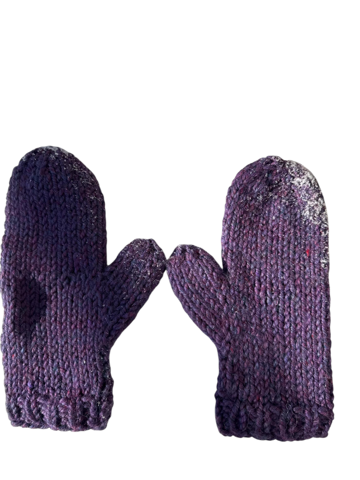 Oak Crest Alpacas and More hand knit purple 100% alpaca wool mittens resting on fresh snow