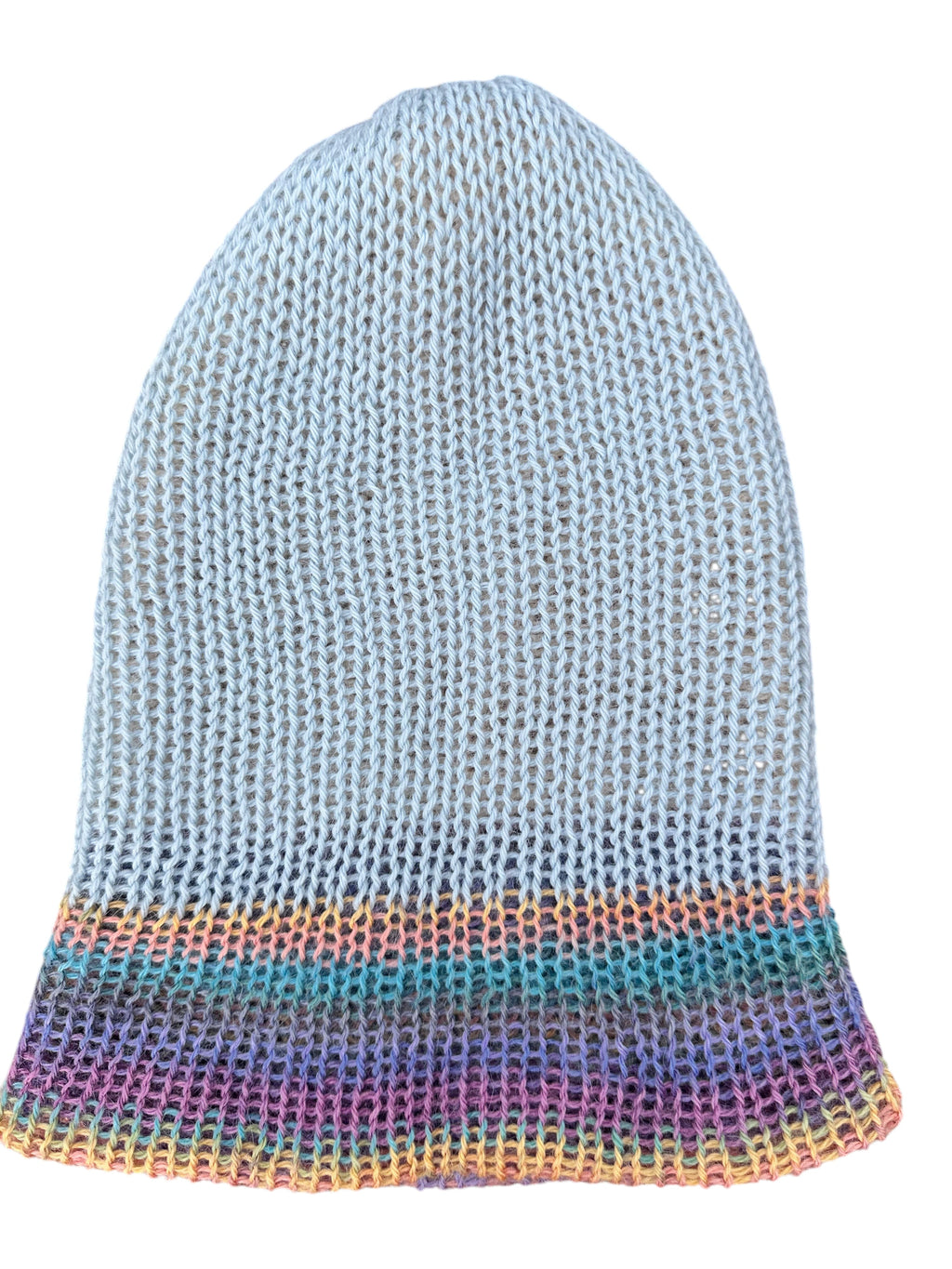 Oak Crest Alpacas and More reversible double knit alpaca hat in blue with a multi-colored peach and purple brim.