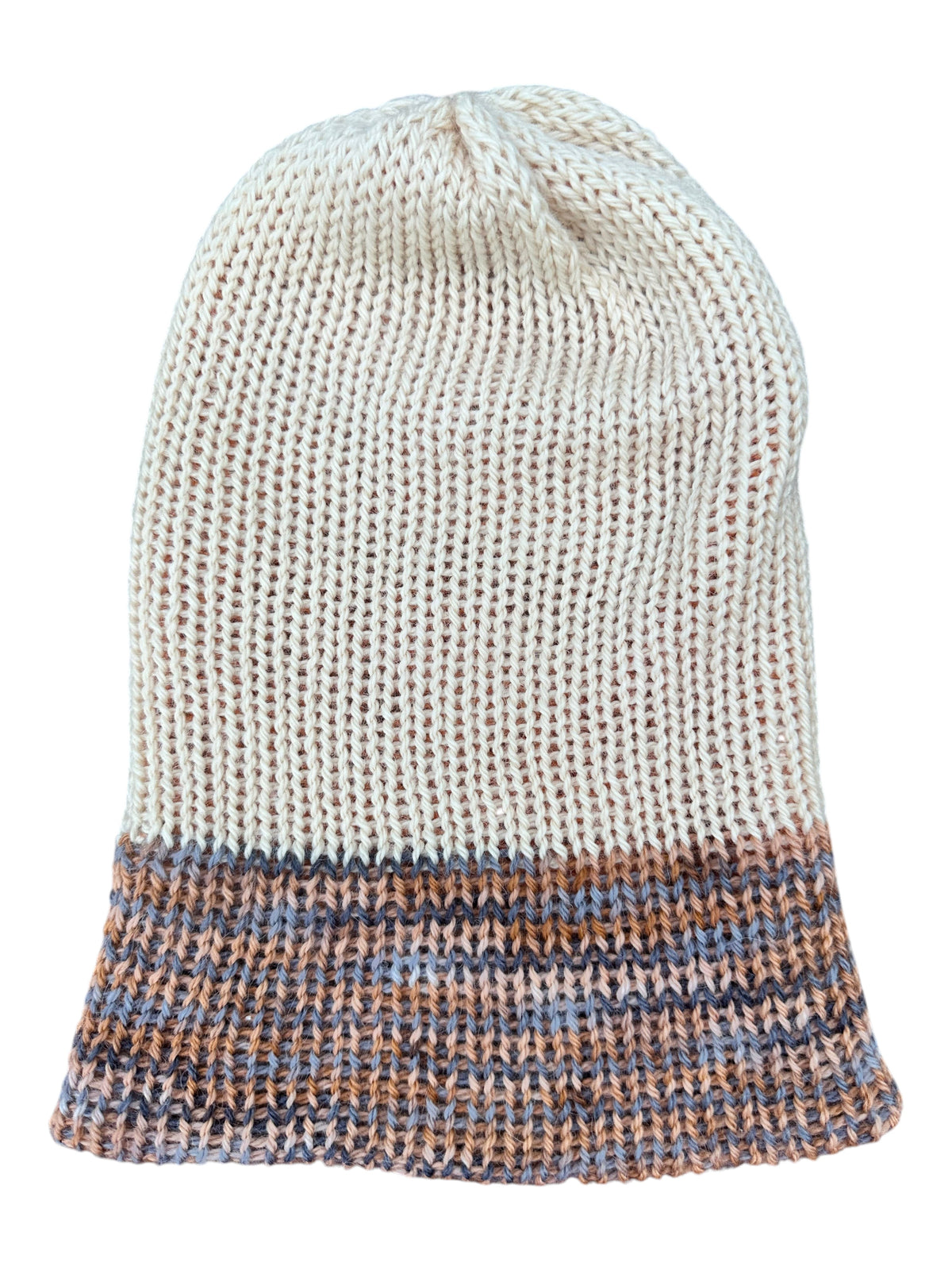 Oak Crest Alpacas and More reversible double knit alpaca hat in cream and multi-colored peach blue yarn