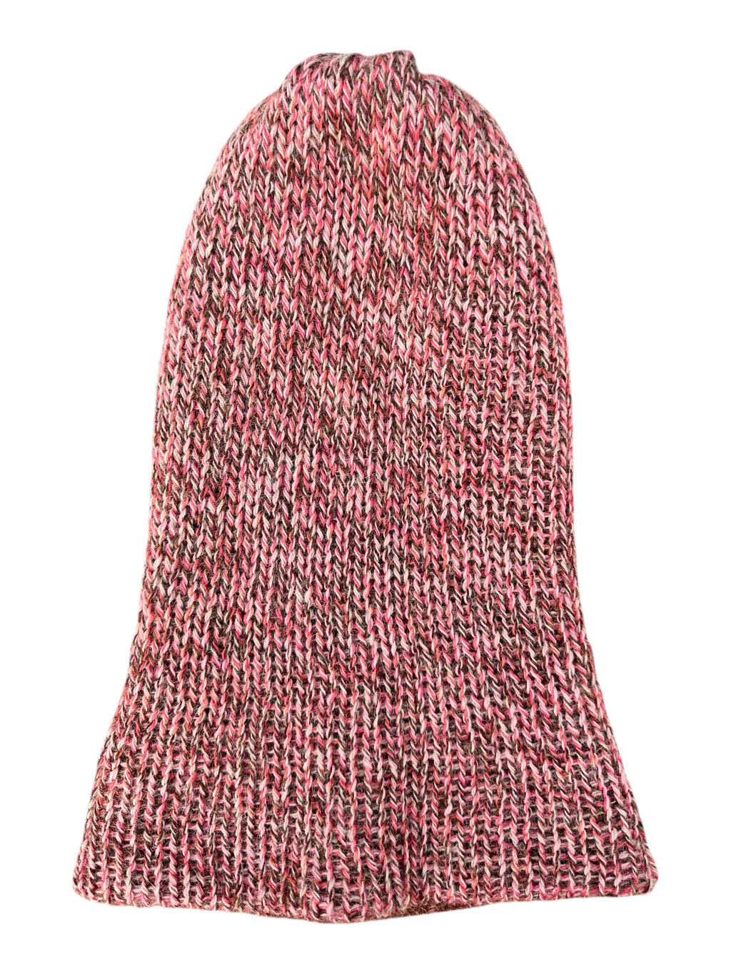 Oak Crest Alpacas and More reversible double knit alpaca hat in pink, brown, and rose marled yarn.