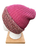 Oak Crest Alpacas and More reversible double knit alpaca hat in pink and brown marled yarn with a fold over brim.