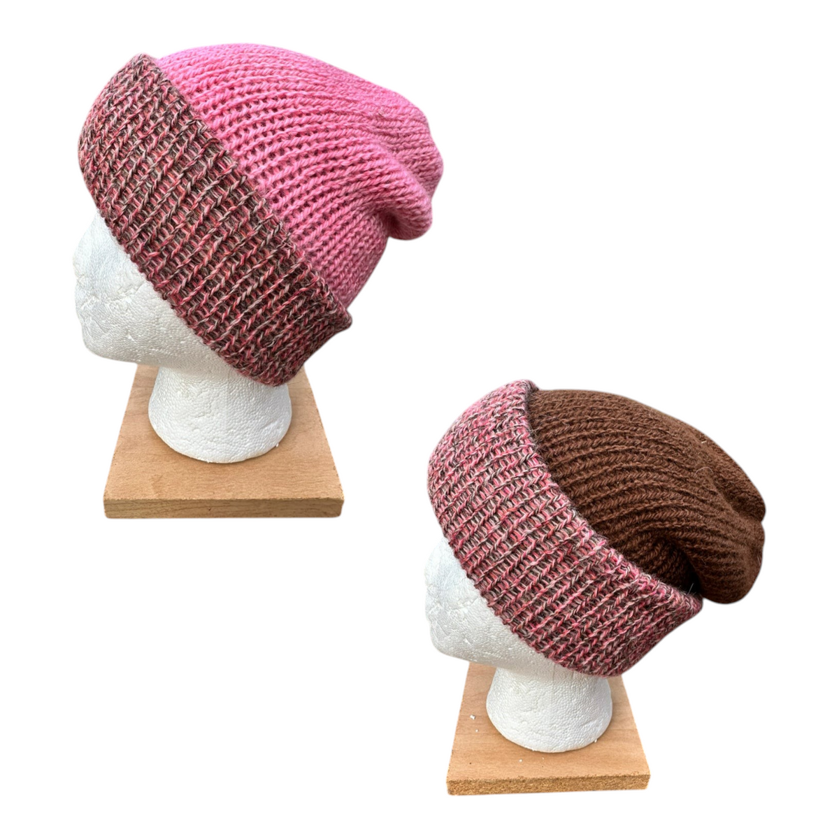 Oak Crest Alpacas and More reversible double knit 100% alpaca beanie hats in pink and brown marled colorways.