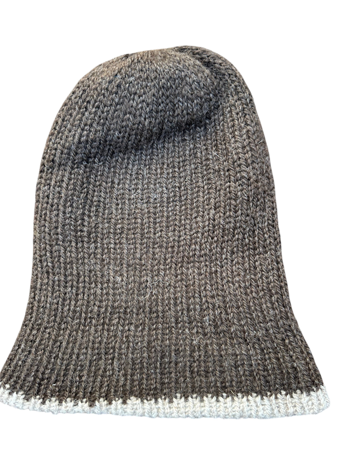 Oak Crest Alpacas and More reversible double knit alpaca hat in dark brown and oatmeal with a fold over brim