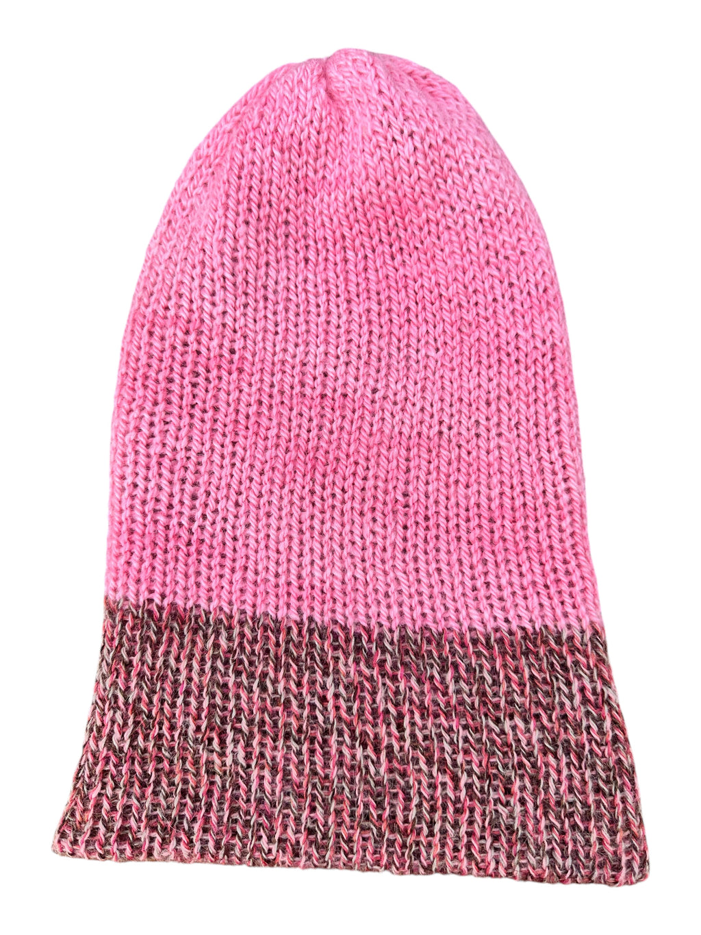 Oak Crest Alpacas and More reversible double knit alpaca hat in pink and brown marled wool with a fold over brim.