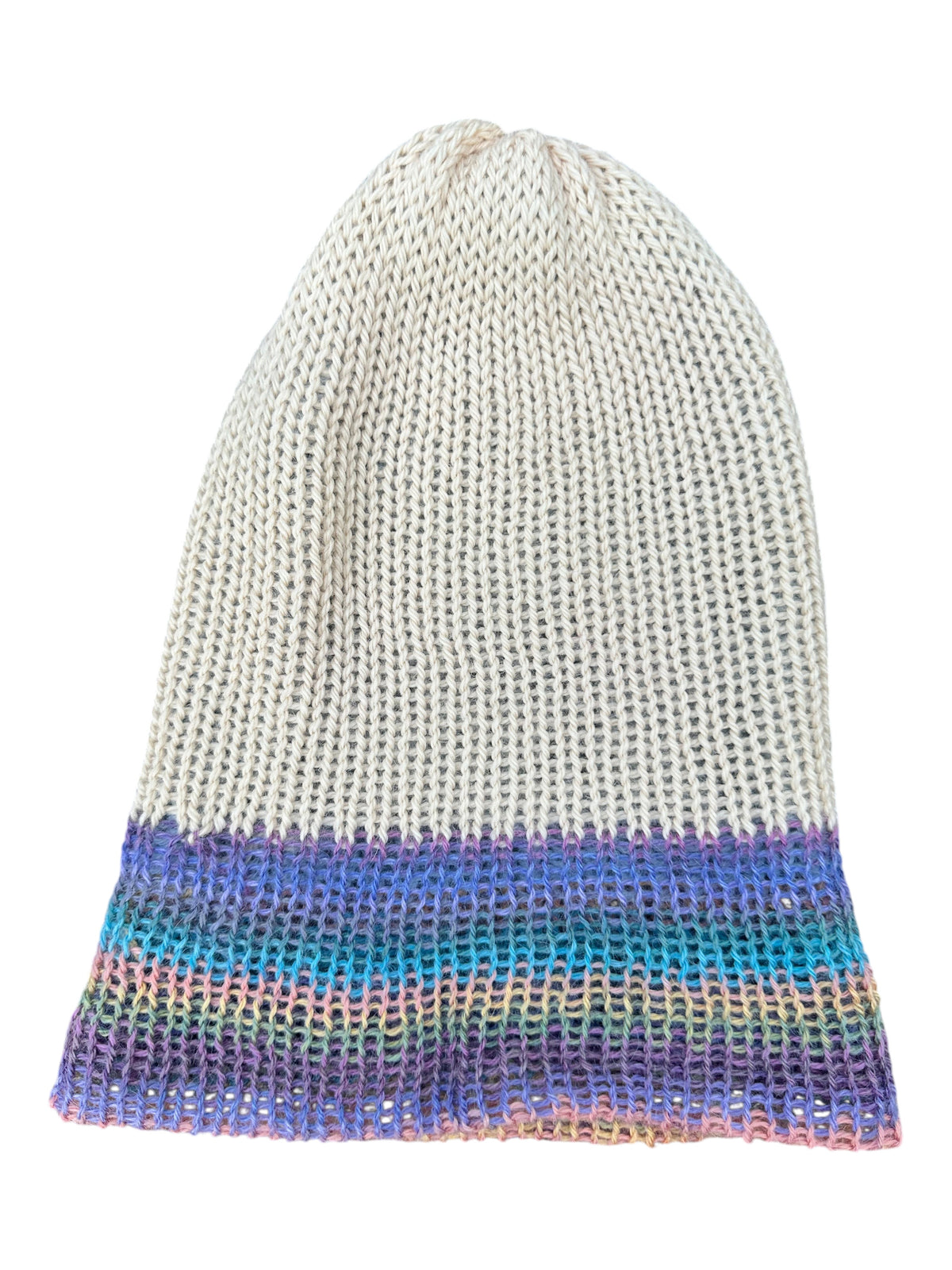 Oak Crest Alpacas and More reversible double knit alpaca hat with a fold over brim in cream and multi-color stripes.
