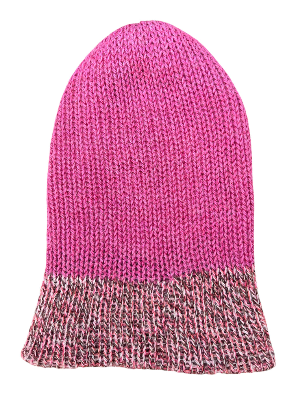 Oak Crest Alpacas and More reversible double knit alpaca hat in pink and brown marled yarn with a fold over brim.