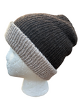 Oak Crest Alpacas and More reversible double knit alpaca hat in dark brown and oatmeal on a mannequin head
