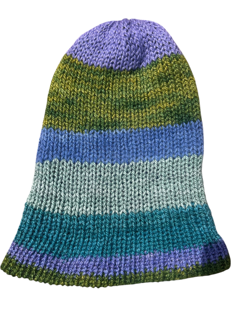 Oak Crest Alpacas and More reversible double knit alpaca hat in multi-colored stripes of purple, green, and blue.