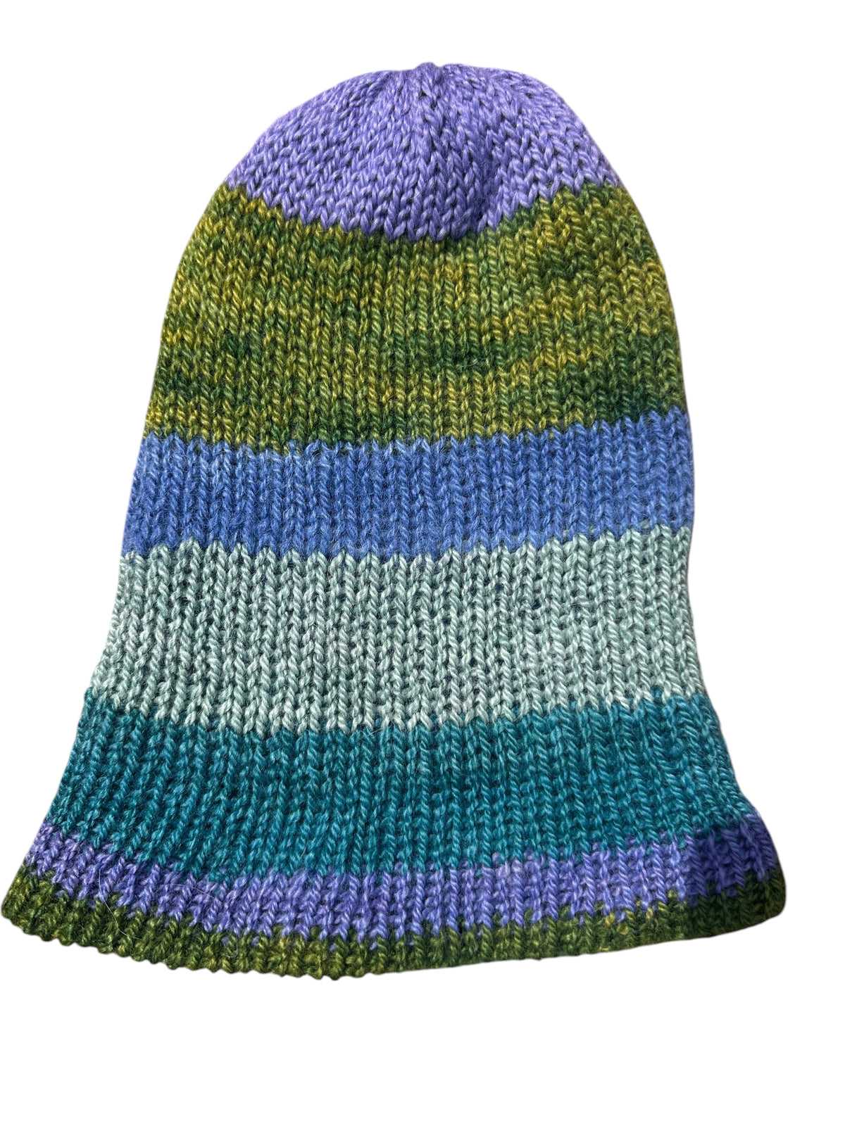 Oak Crest Alpacas and More reversible double knit alpaca hat in multi-colored stripes of purple, green, and blue.