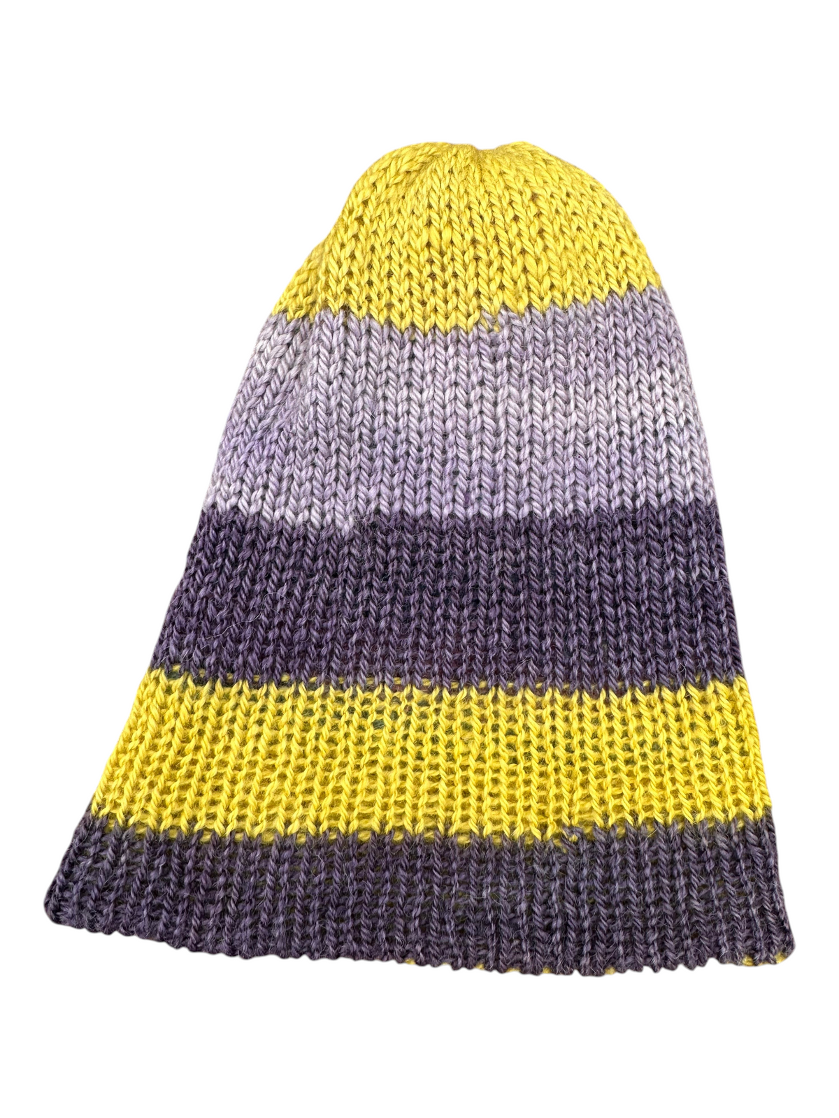 Oak Crest Alpacas and More reversible double knit alpaca hat in purple, yellow, blue, and pink striped pattern.