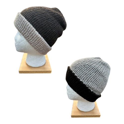 Oak Crest Alpacas and More reversible double knit alpaca hats in black and gray on mannequin heads.