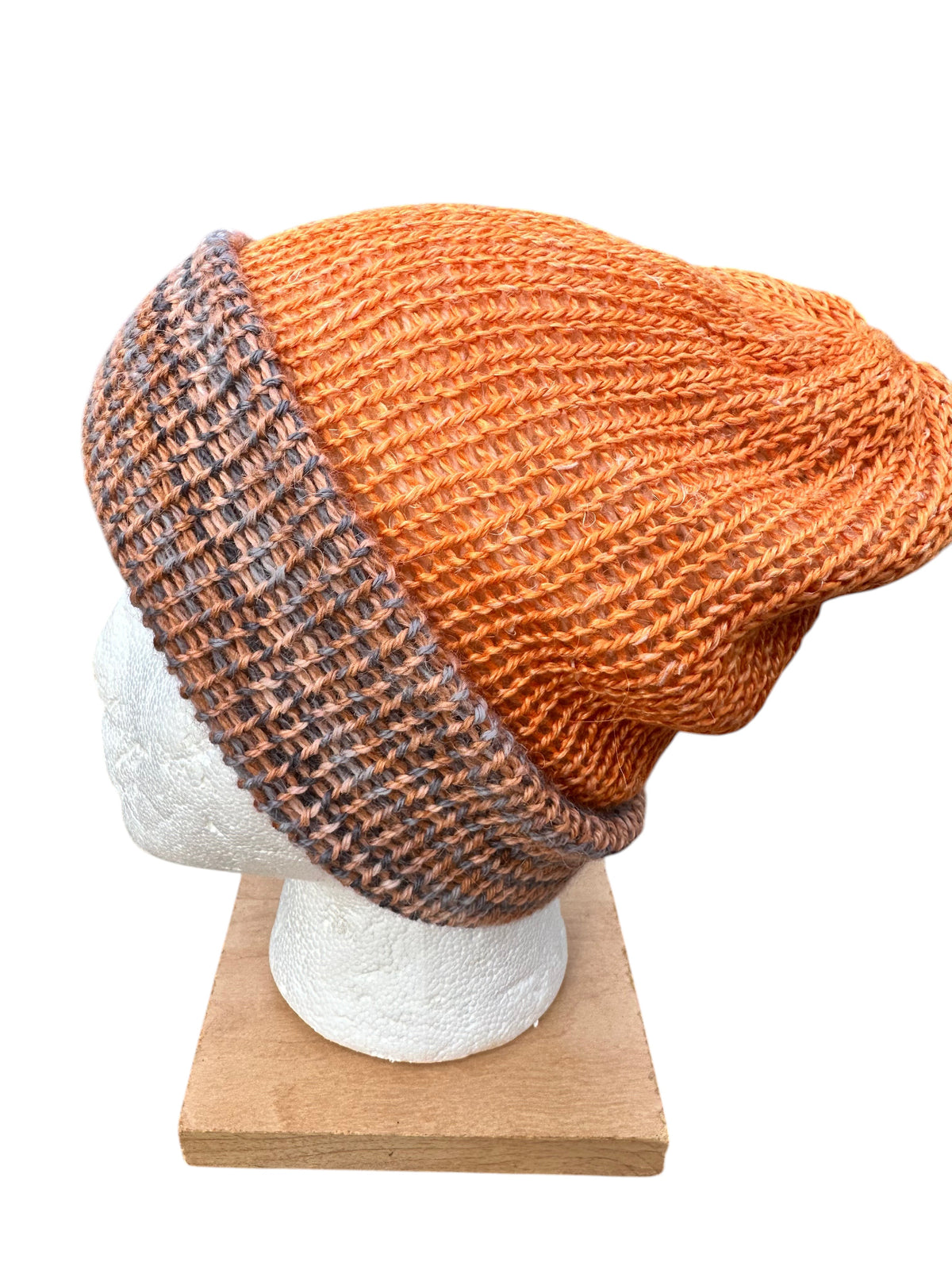 Oak Crest Alpacas and More reversible double knit orange and multi-colored alpaca blend slouchy beanie hat