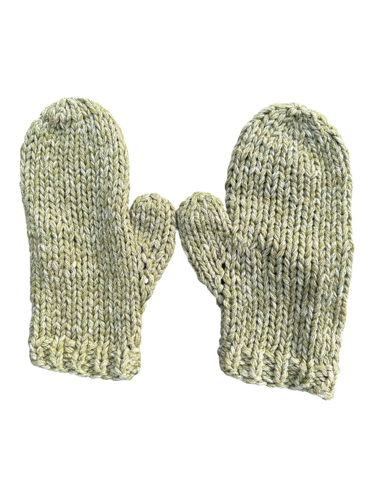 Oak Crest Alpacas and More hand-knit sage green alpaca and cotton blend mittens with a thick, textured cable knit.