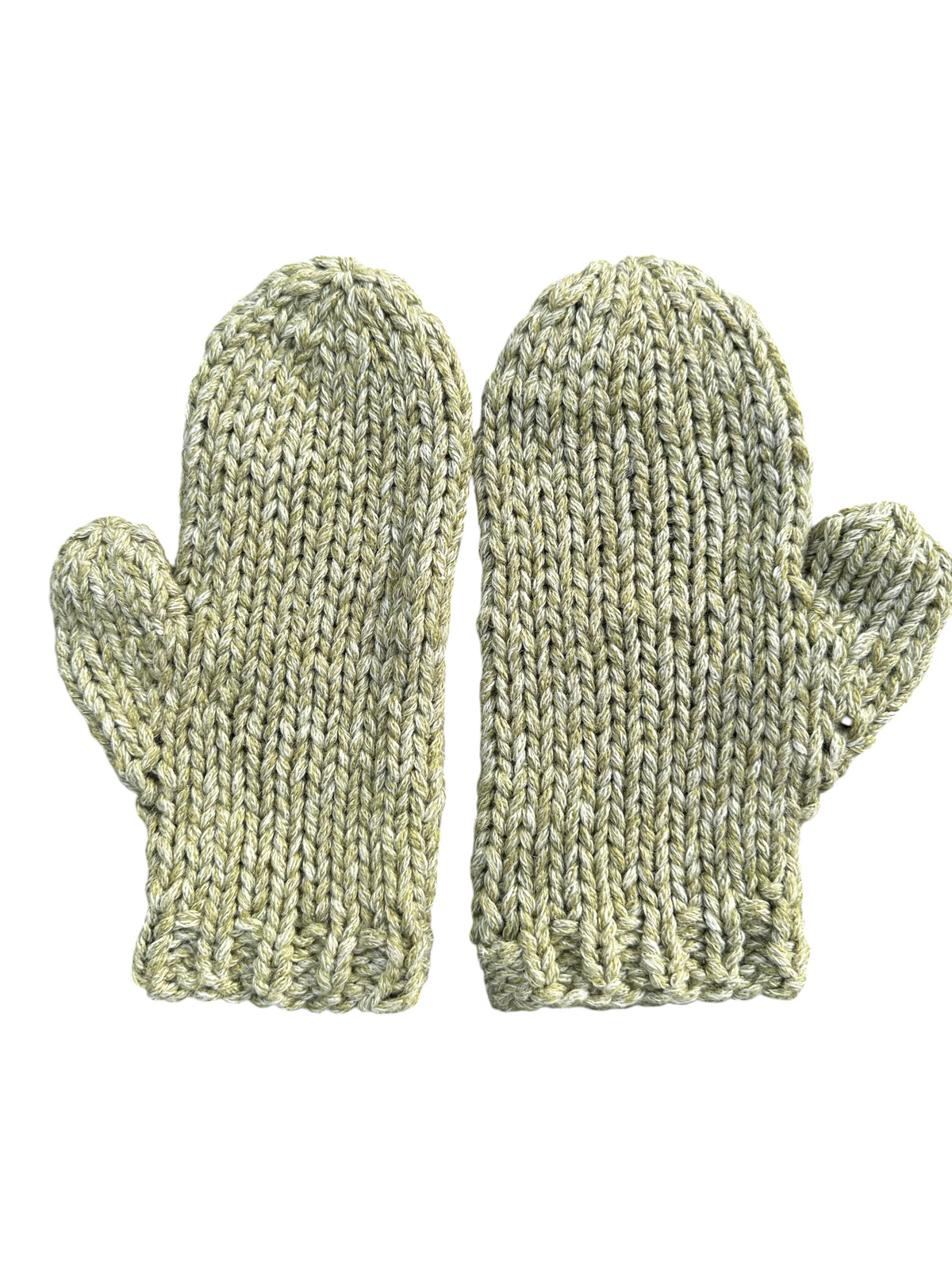 Oak Crest Alpacas and More hand-knit sage green alpaca and cotton blend mittens with a thick, textured cable knit.
