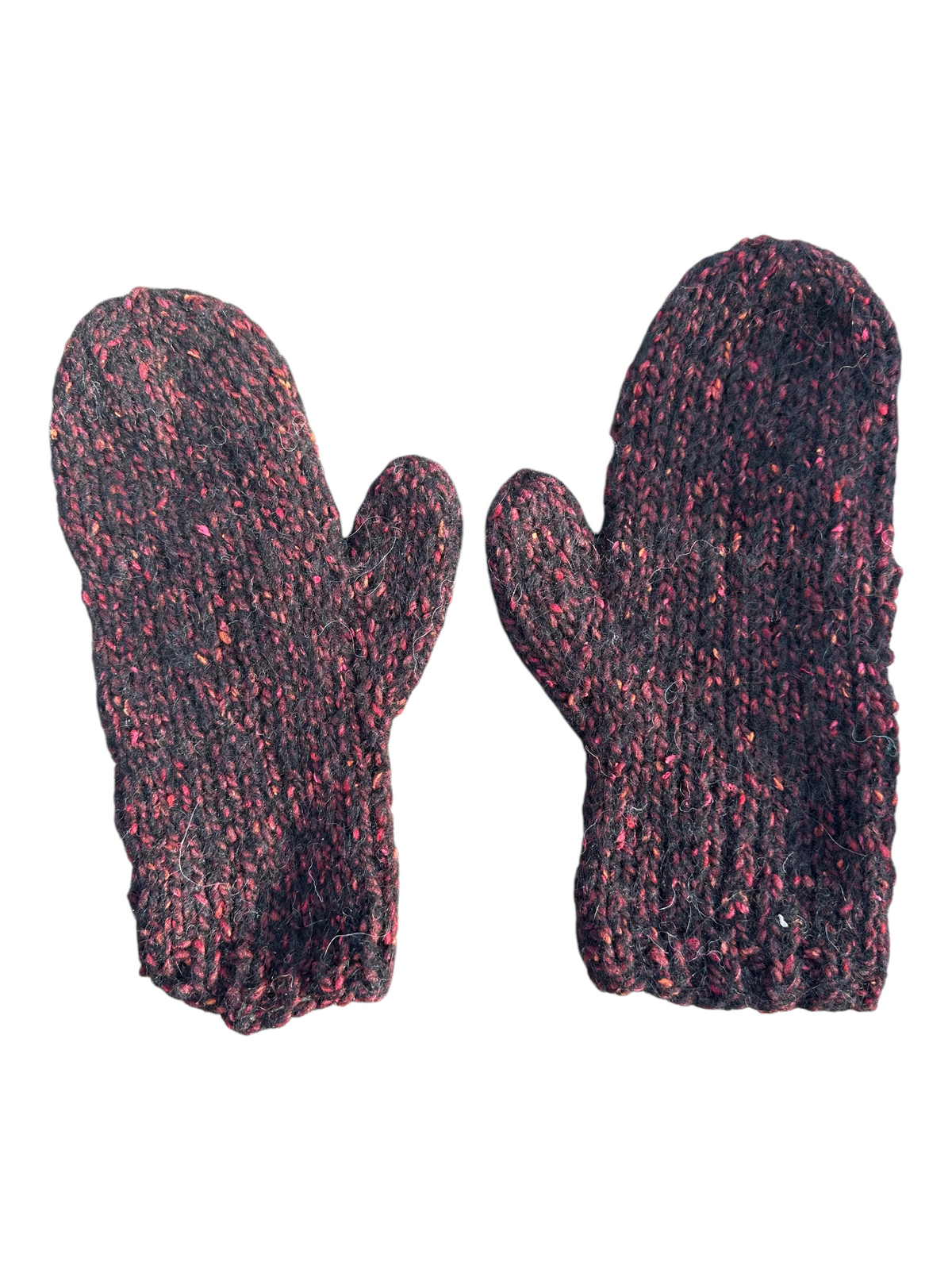 Oak Crest Alpacas and More hand knit mittens in a dark charcoal and red speckled alpaca wool blend yarn.