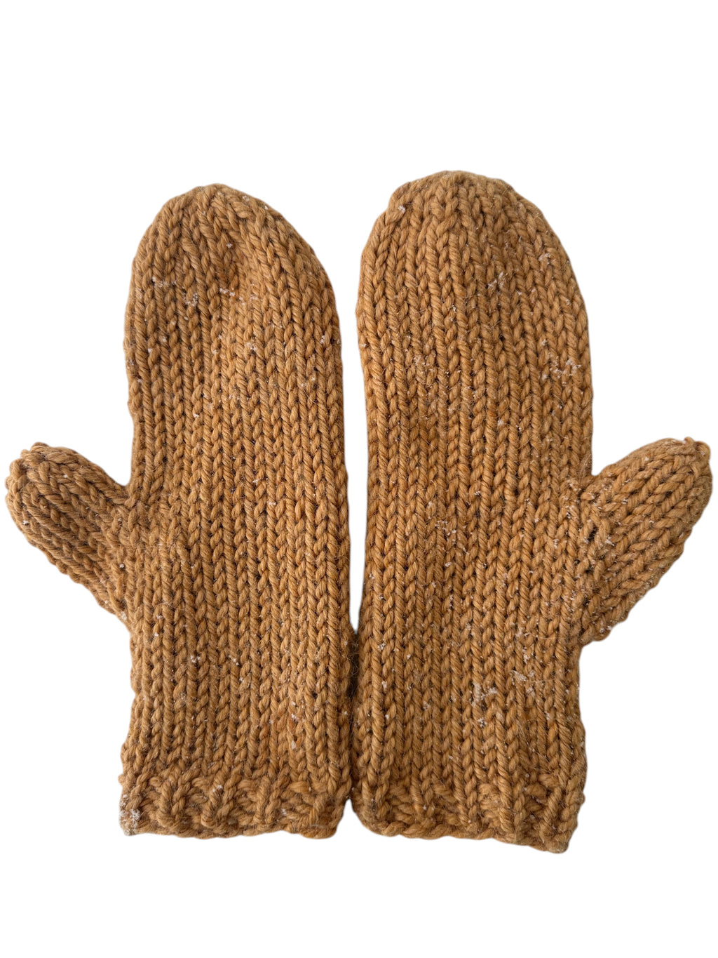 Oak Crest Alpacas and More hand knit straw-colored 100% alpaca wool mittens resting on fresh white snow